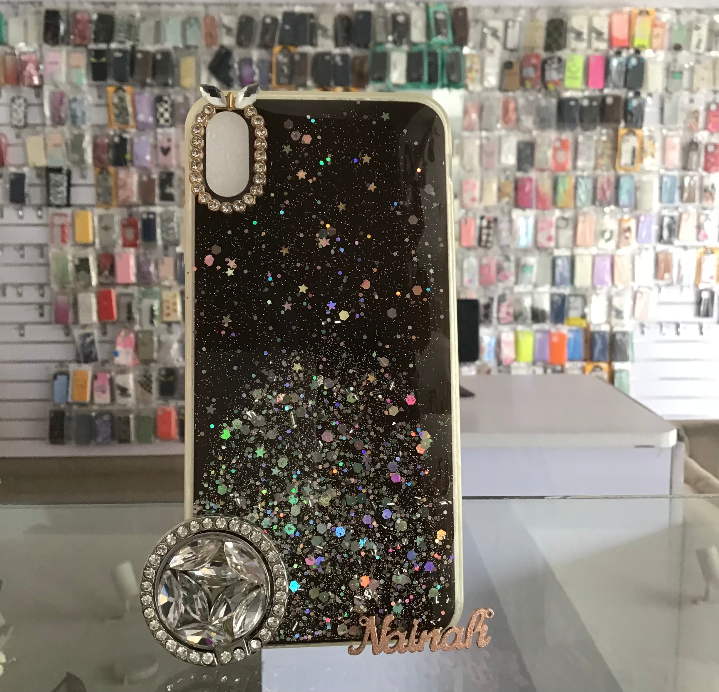 Black Fashion Glitter With Rhinestones Grip Case For iPhone XR