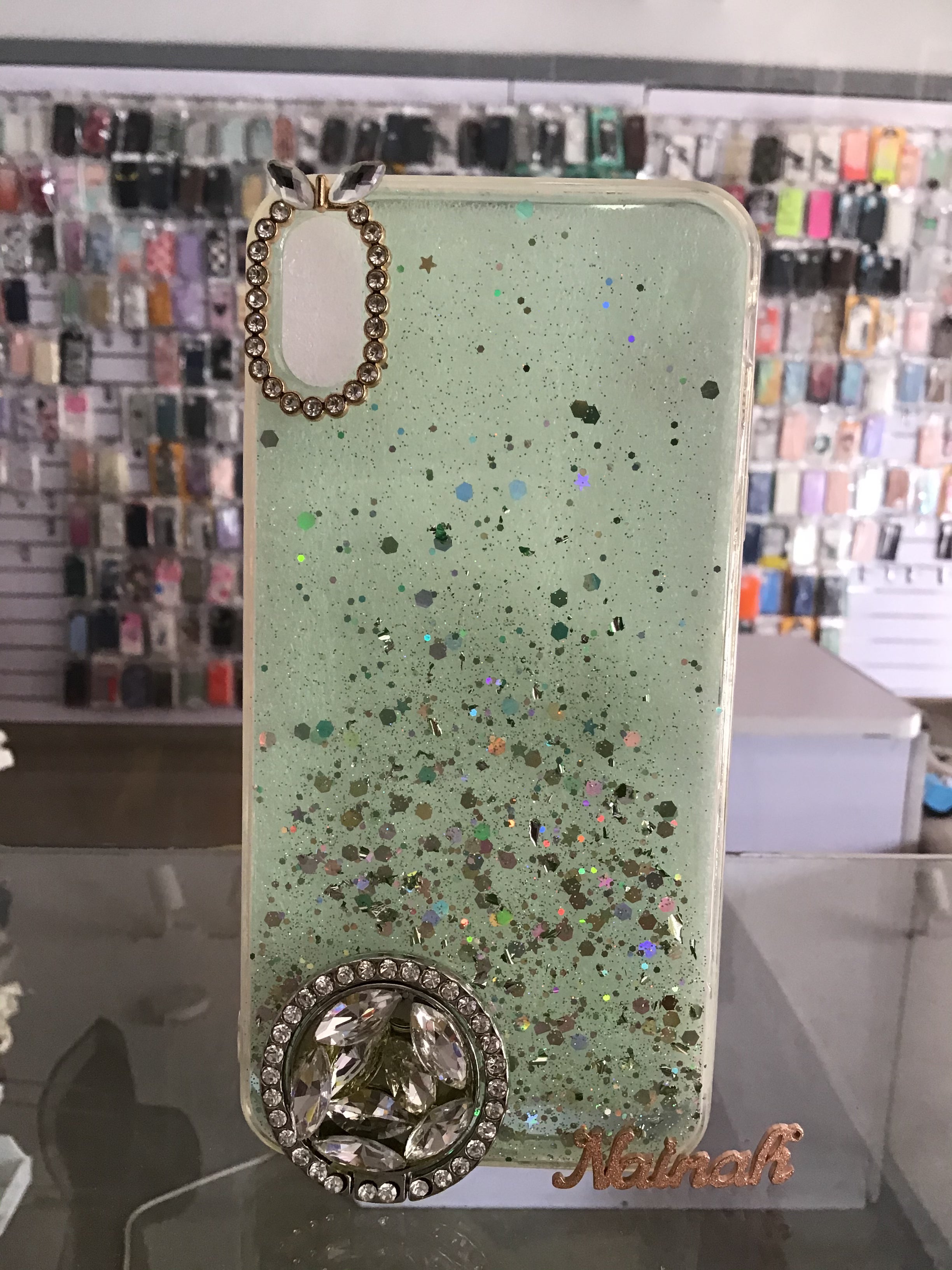 Green Fashion Glitter With Rhinestones Grip Case For iPhone XS