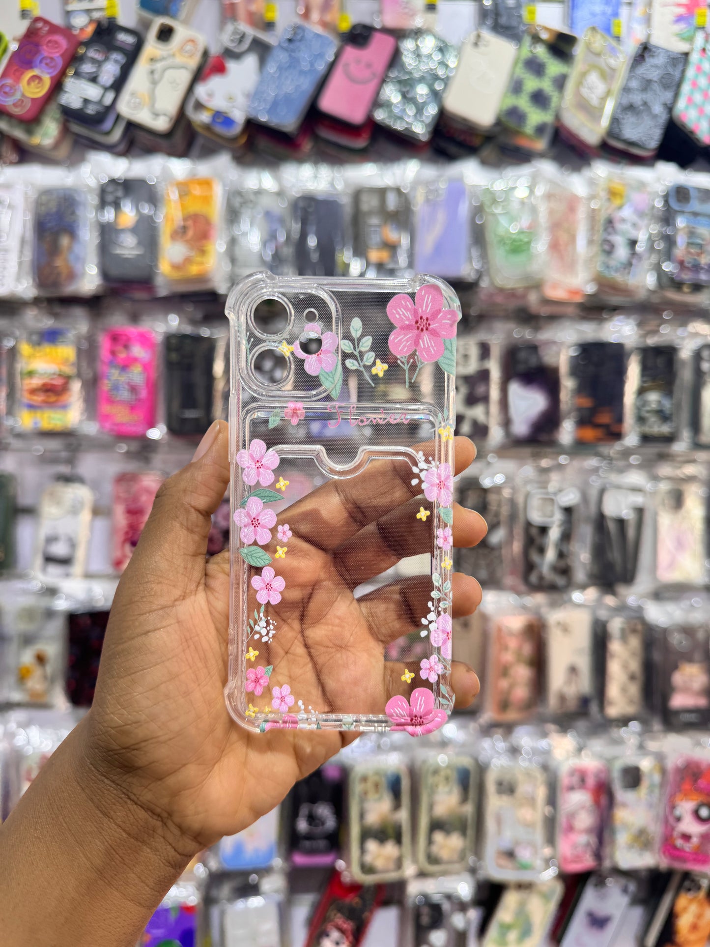Pink Floral Transperent Phone Holder Case For IPhones
