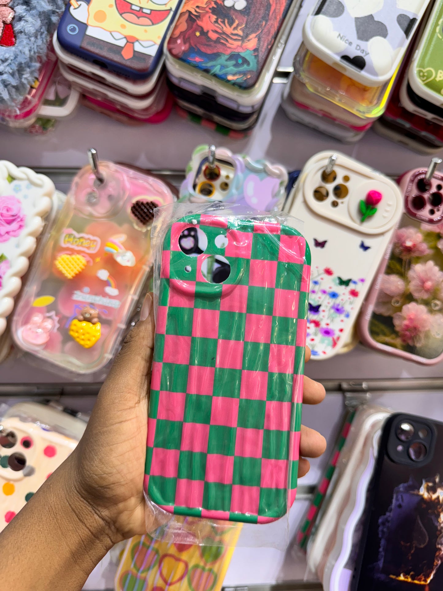 Green Pink Grid Case For iPhones