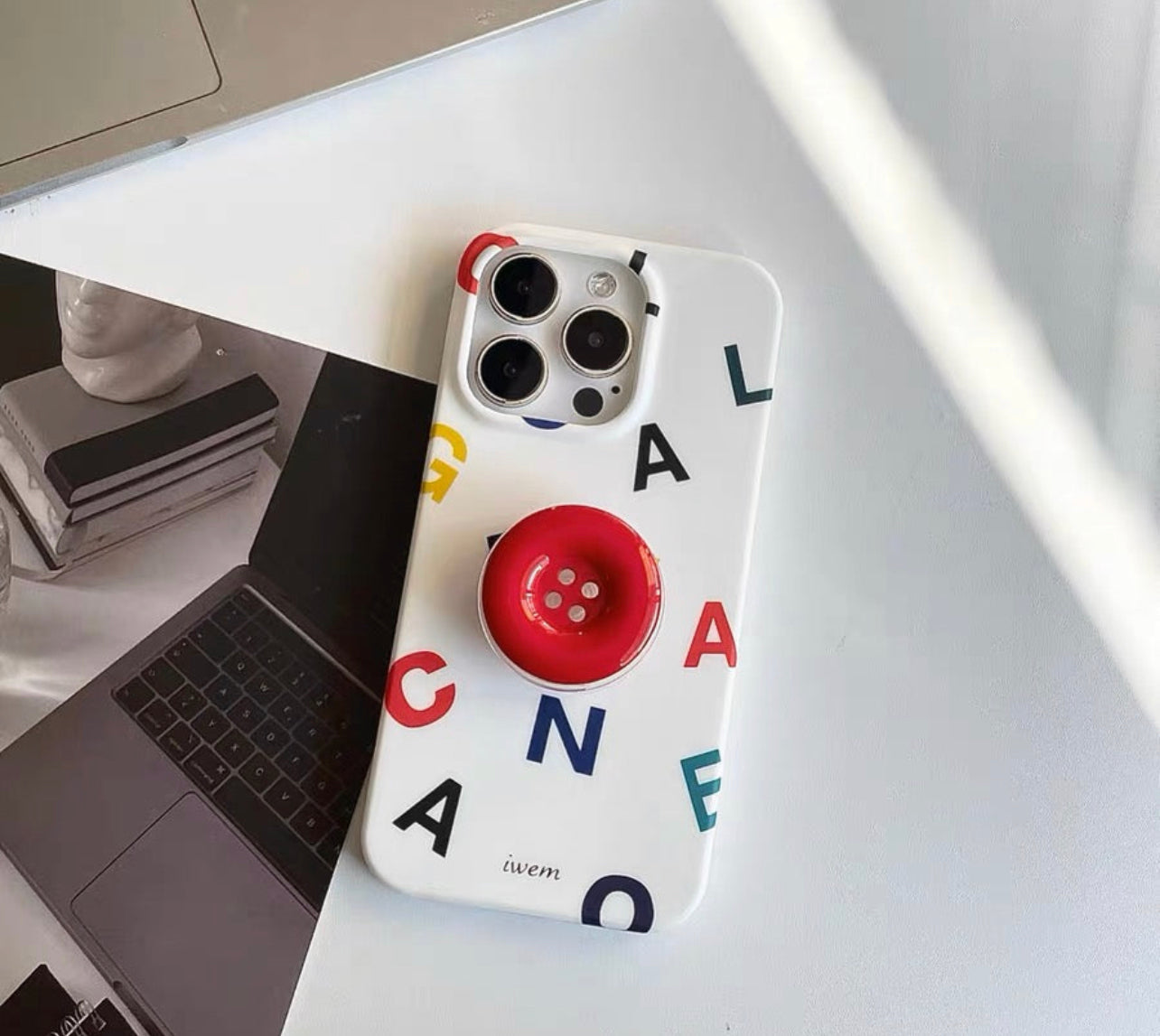 Red Button Grip Alphabet Design Case For iPhone 14 pro